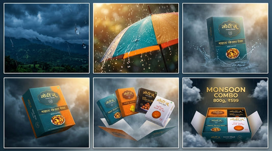 A collage featuring a rainy monsoon scene, umbrella, Indian ready-to-eat meal boxes, and an open Monsoon Combo @ 599 box with Bakarwadi and Motichoor Ladu packs inside—all for just ₹599.