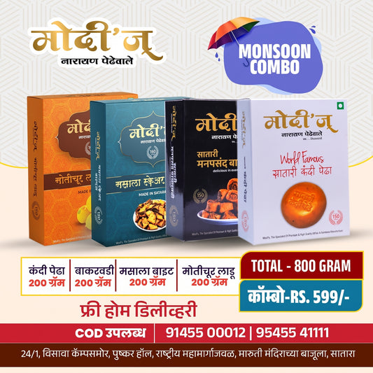 Promotional image for Modi Jewellers’ Monsoon Combo @ 599, featuring Bakarwadi, Motichoor Ladu & Kandi Pedha (200g each, total 800g). Free home delivery & COD available. Contact numbers and Satara address displayed.
