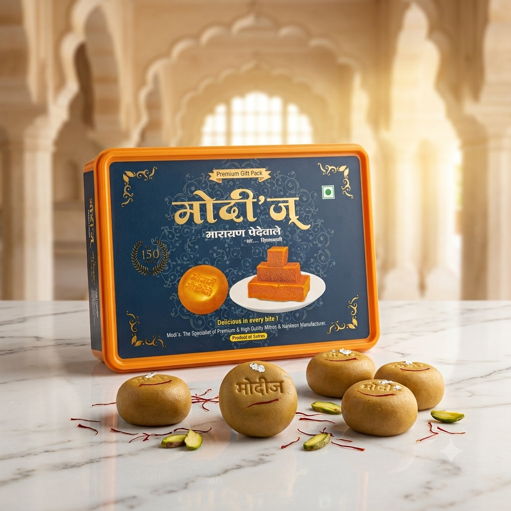 Authentic Satara Kandi Pedha by Modi's Narayan Pedhewale on premium marble surface.