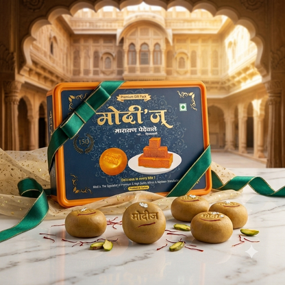 Authentic Satara Kandi Pedha by Modi's Narayan Pedhewale on premium marble surface.