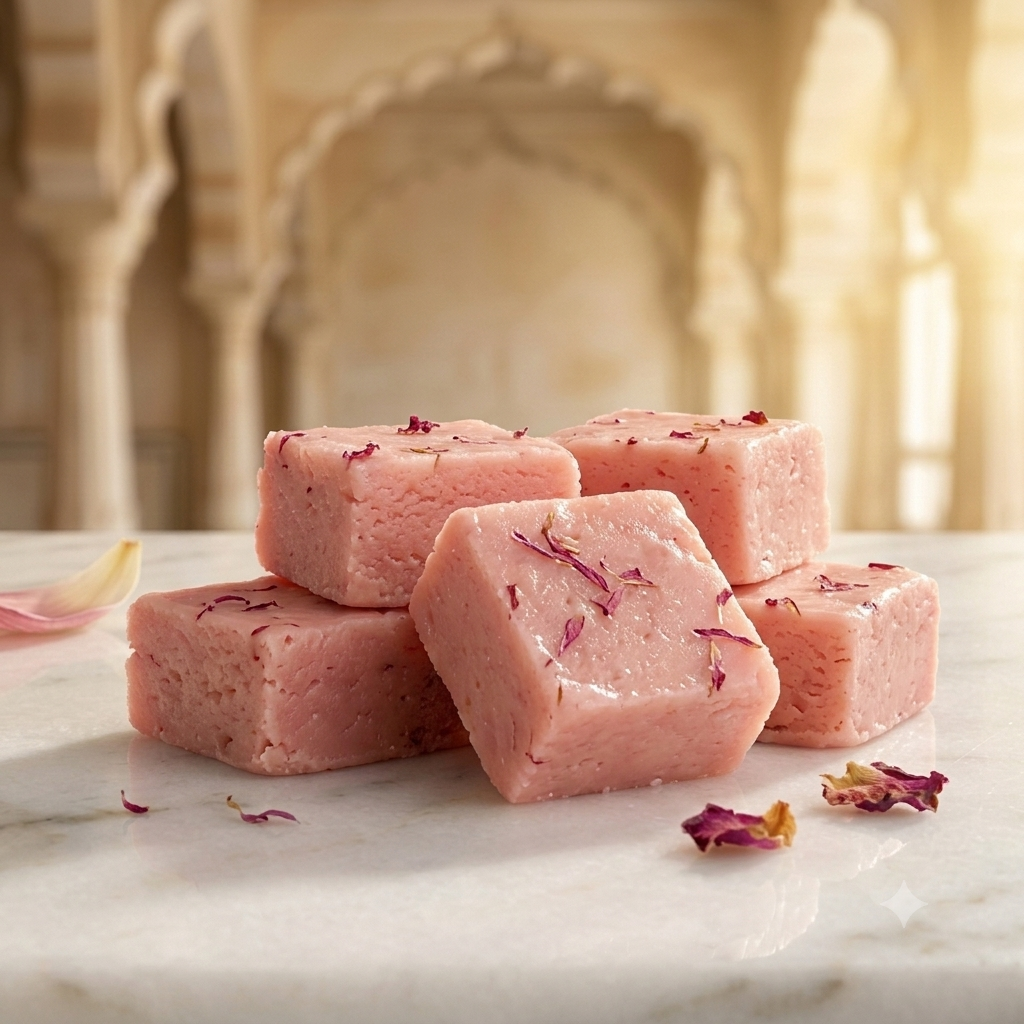 Authentic Premium Lotus Barfi by Modi's Narayan Pedhewale on premium marble surface.