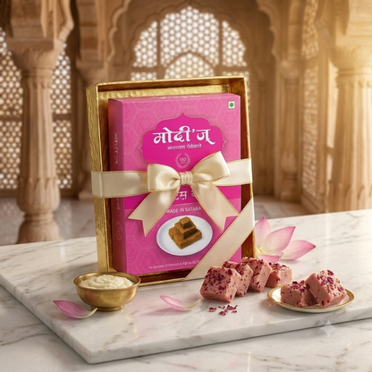 Authentic Premium Lotus Barfi by Modi's Narayan Pedhewale on premium marble surface.